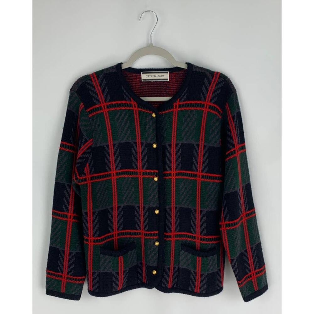 Crystal Kobe Vintage Button Up Plaid Cardigan Sweater Womens Small Long Sleeves